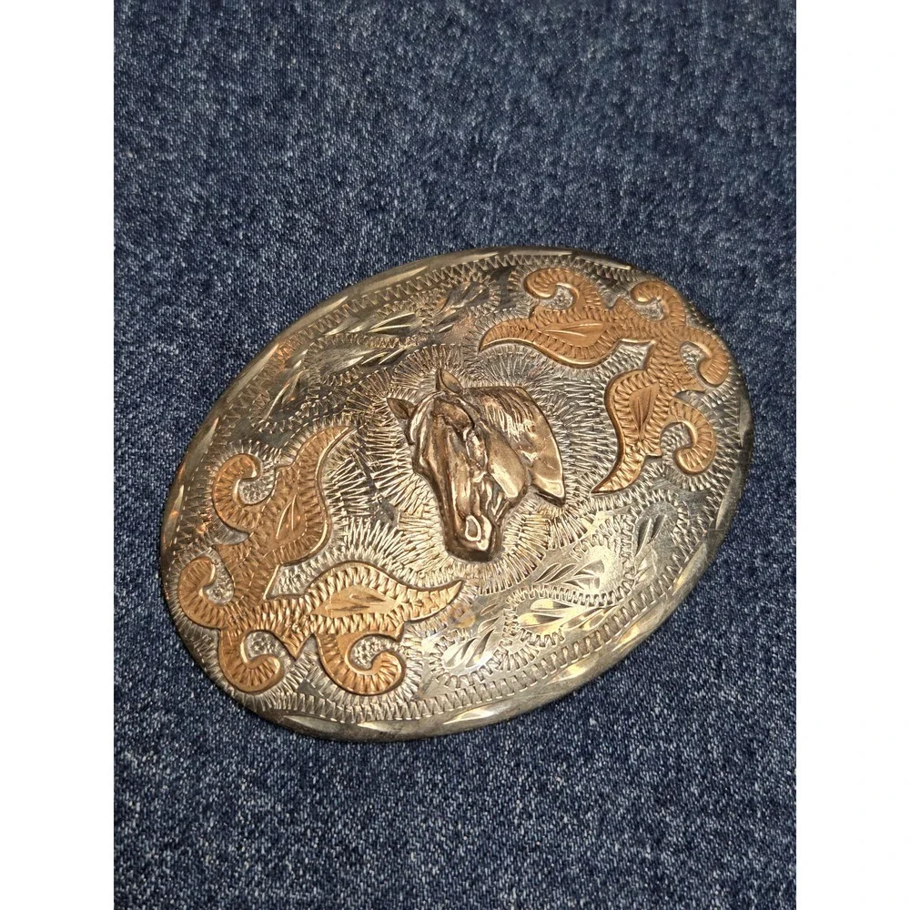 Vintage Nickel Silver Stallion Belt Buckle by Western Flair Co.